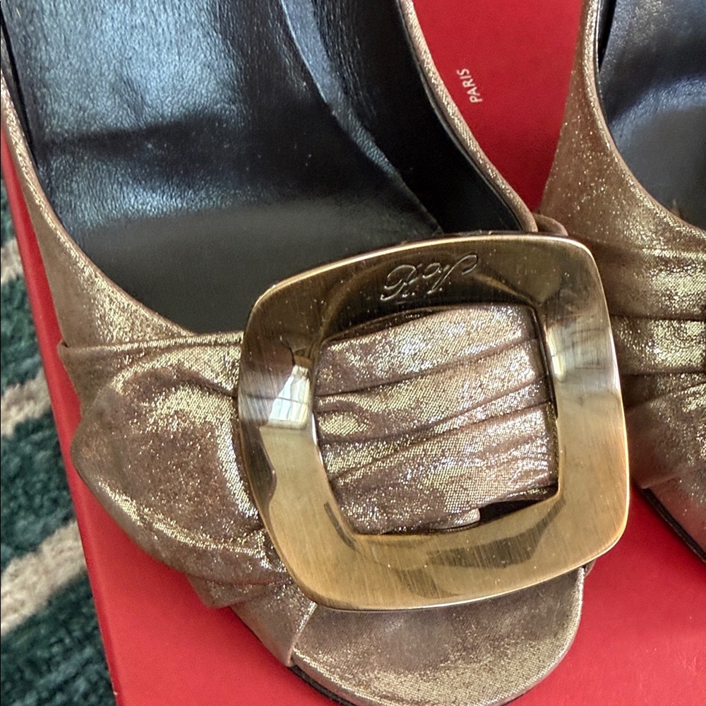Roger Vivier Gold and Brown Buckle Peep-Toe Pumps - Picture 3 of 11